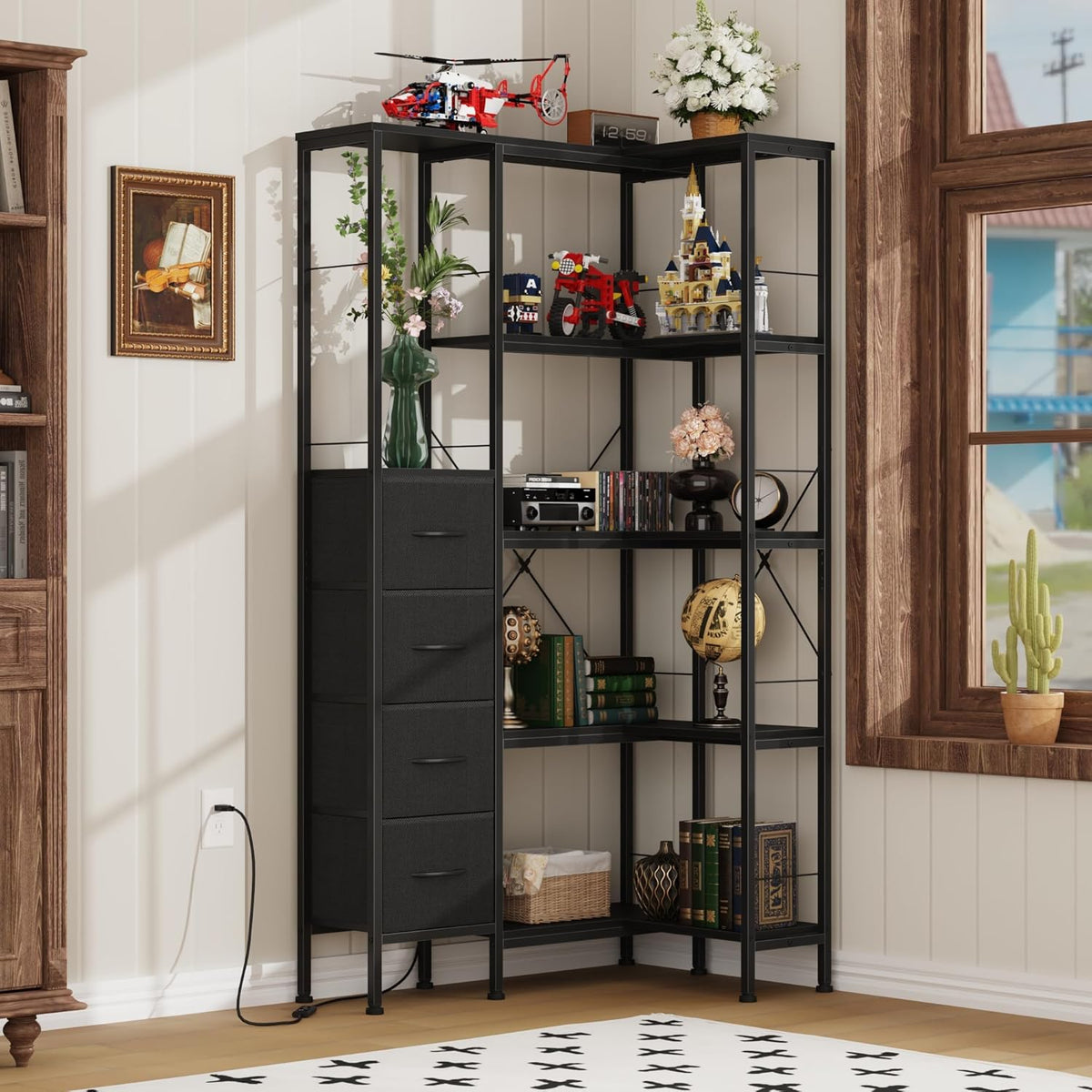 Corner Bookshelf with LED Light Strips & 4 Fabric Drawers, 5-Tier Convertible Corner Shelf with Display Shelf, Large Wood Industrial Bookcase for Living Room, Bedroom, Home Office, Black