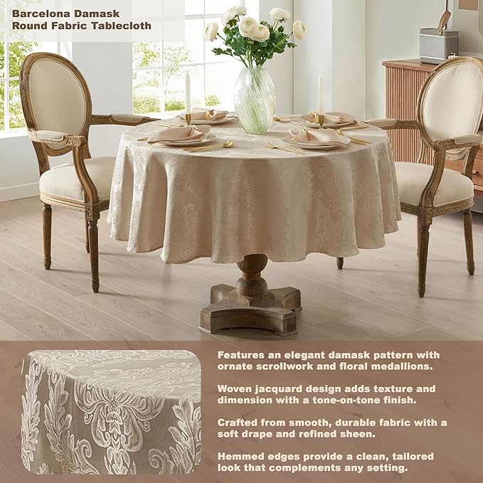 Newbridge Barcelona Luxury Damask Fabric Tablecloth, 108” Round, Golden Beige, 100% Polyester, No Iron, Soil Resistant Dining Room, Party and Banquet Table Cover