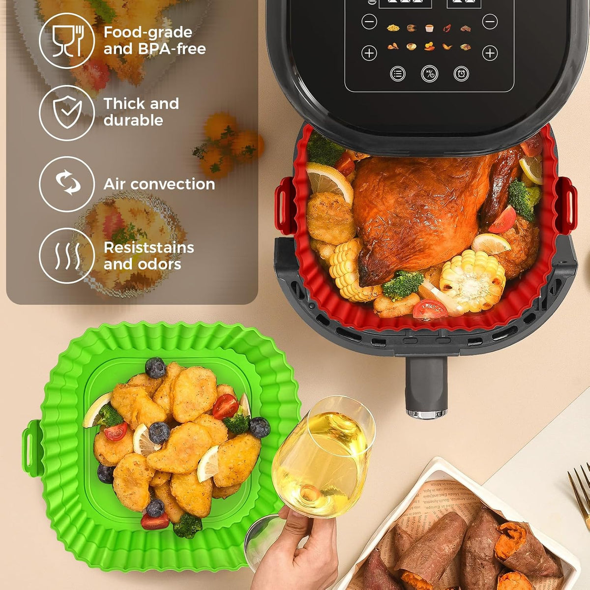 Buauty 3 Pack Air Fryer Silicone Liners 8inch, Reusable Food Grade Silicone Airfryer Liners, Baking Basket Accessories, Replacement of Flammable Disposable Parchment Paper