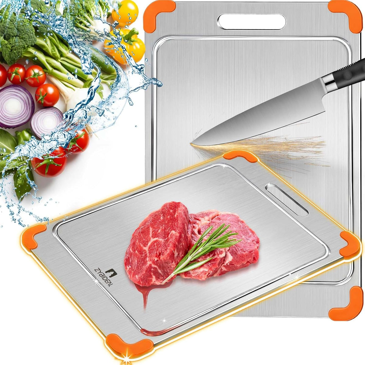 100% Pure Titanium Cutting Board with Grooves, Update Double Side Titanium Chopping Board, Silicone Anti-slip Stainless Cutting Boards for Kitchen 9 * 13 IN, Orange