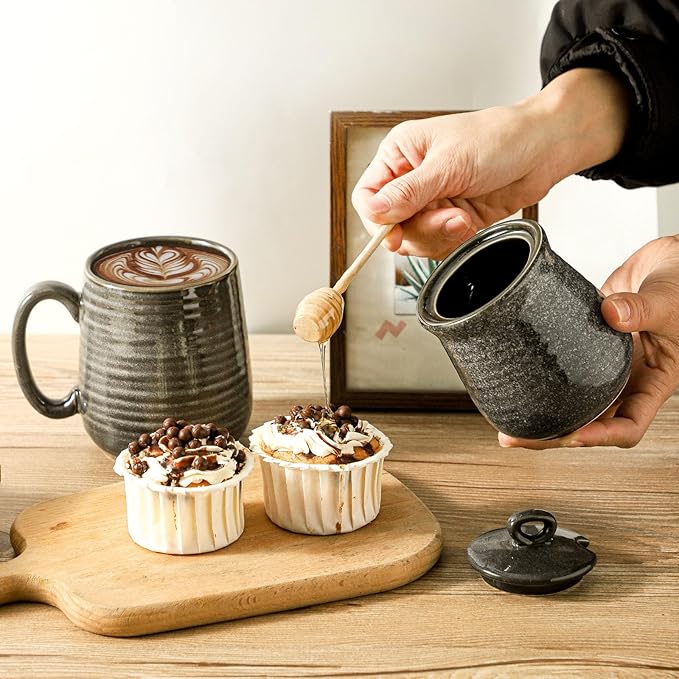 Hasense Honey Jar with Lid, 12 Ounce Ceramic Honey Pot with Wooden Dipper Stick, Grey Kitchen Container Dish for Birthday Wedding Gift, Easy to Clear