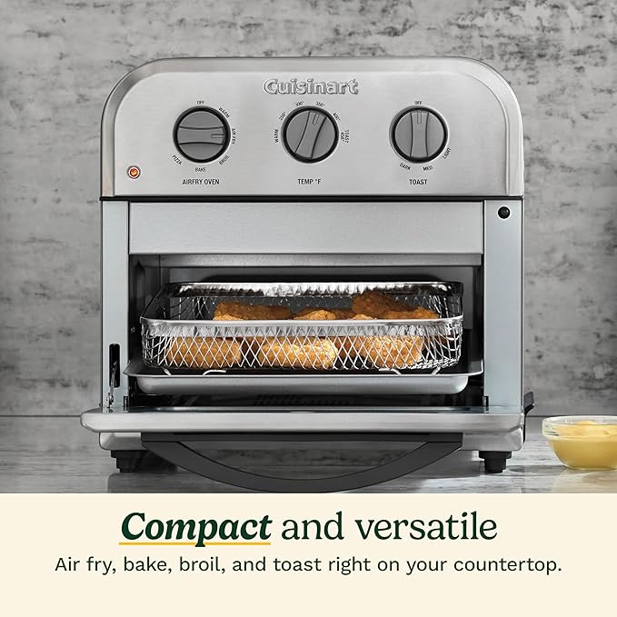 Cuisinart Compact Air Fryer Toaster Oven, Stainless Steel Fryer with 6-in-1 Functions, Adjustable Temperature, Includes Oven Rack, Baking Pan and Air Fry Basket, TOA-26