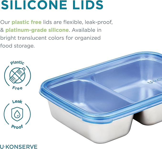 U Konserve Stainless Steel Rectangle Divided Food Storage Bento Box Container, Leak Proof Silicone Lid Dishwasher Safe - Plastic Free, (28oz Cosmic Blue)
