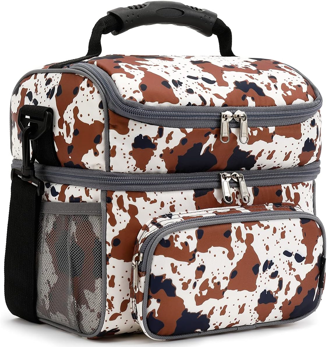 FlowFly Double Layer Cooler Insulated Lunch Bag Adult Lunch Box Large Tote Bag for Men, Women, With Adjustable Strap,Front Pocket and Dual Large Mesh Side Pockets