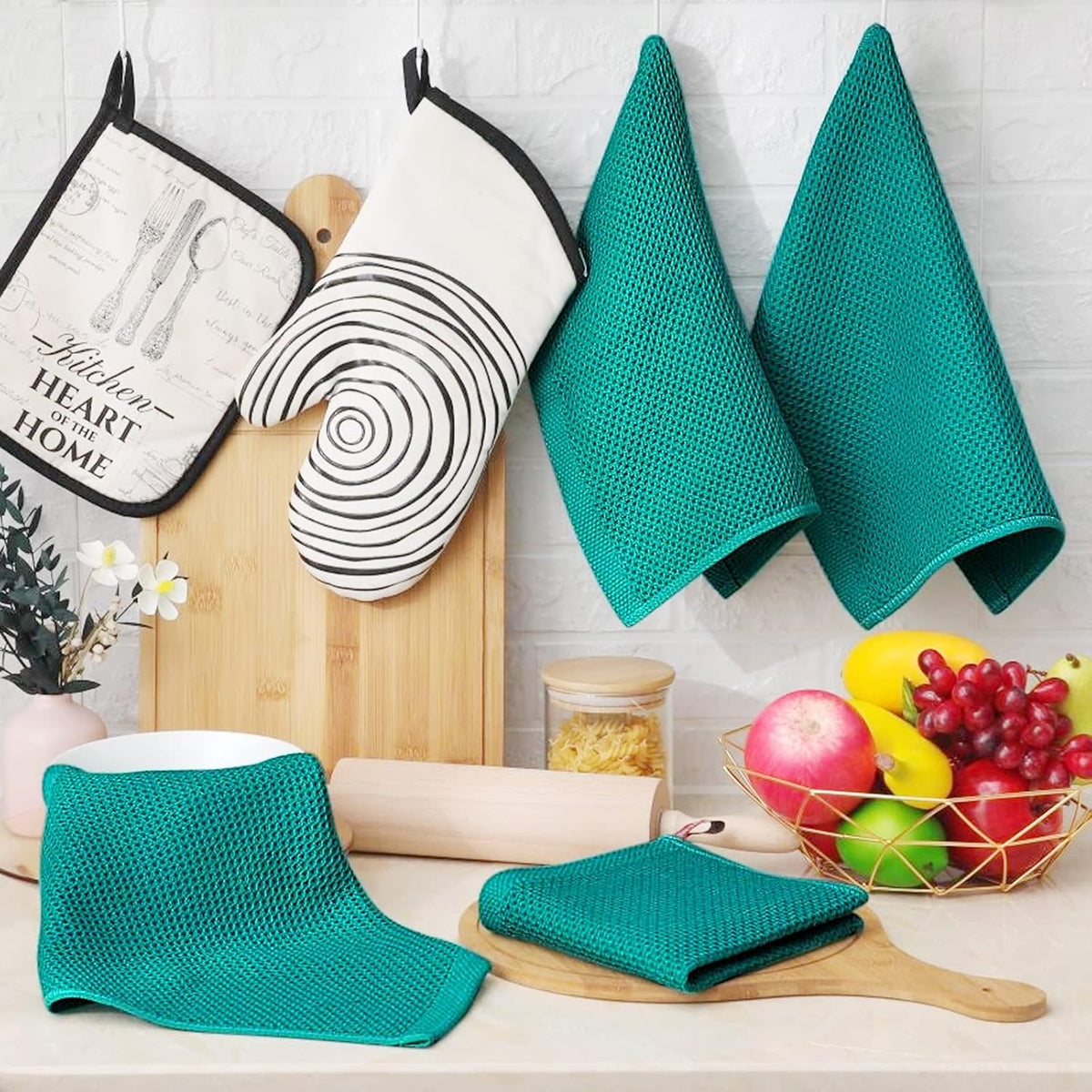 Homaxy 100% Cotton Waffle Weave Kitchen Dish Cloths, Ultra Soft Absorbent Quick Drying Dish Towels, 12 x 12 Inches, 6-Pack, Teal
