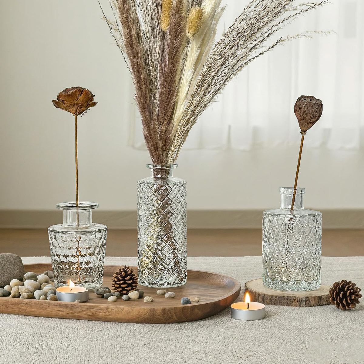 Glass Bud Vase Set of 3 Pcs Small Minimalist Vases for Flowers, Vintage Rustic Home Decor for Table Centerpiece Wedding Party, Modern Clear Aromatherapy Bottle for Living Room Bedroom