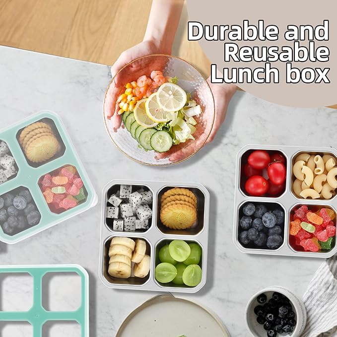BEFOY 2 Pack Stainless Steel Snack Containers with Lids 4 Compartment Food Storage Containers for Adults Meal Prep Reusable for work or going out(blue, 2)