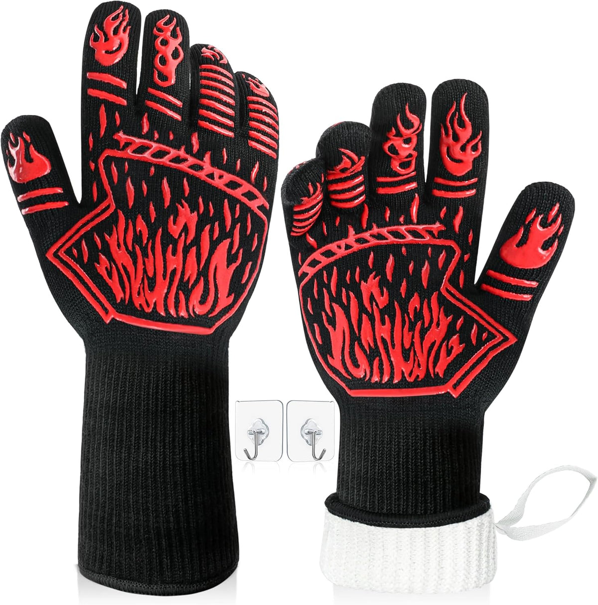 BBQ Gloves, 1472°F Heat-Resistant and Anti Slip Long Grilling Gloves, One Size Fits All, Gift Two Hooks, Excellent Hand and Wrist Protection in The Kitchen/Fireplace/Griddle/Smoker/Fire Pit
