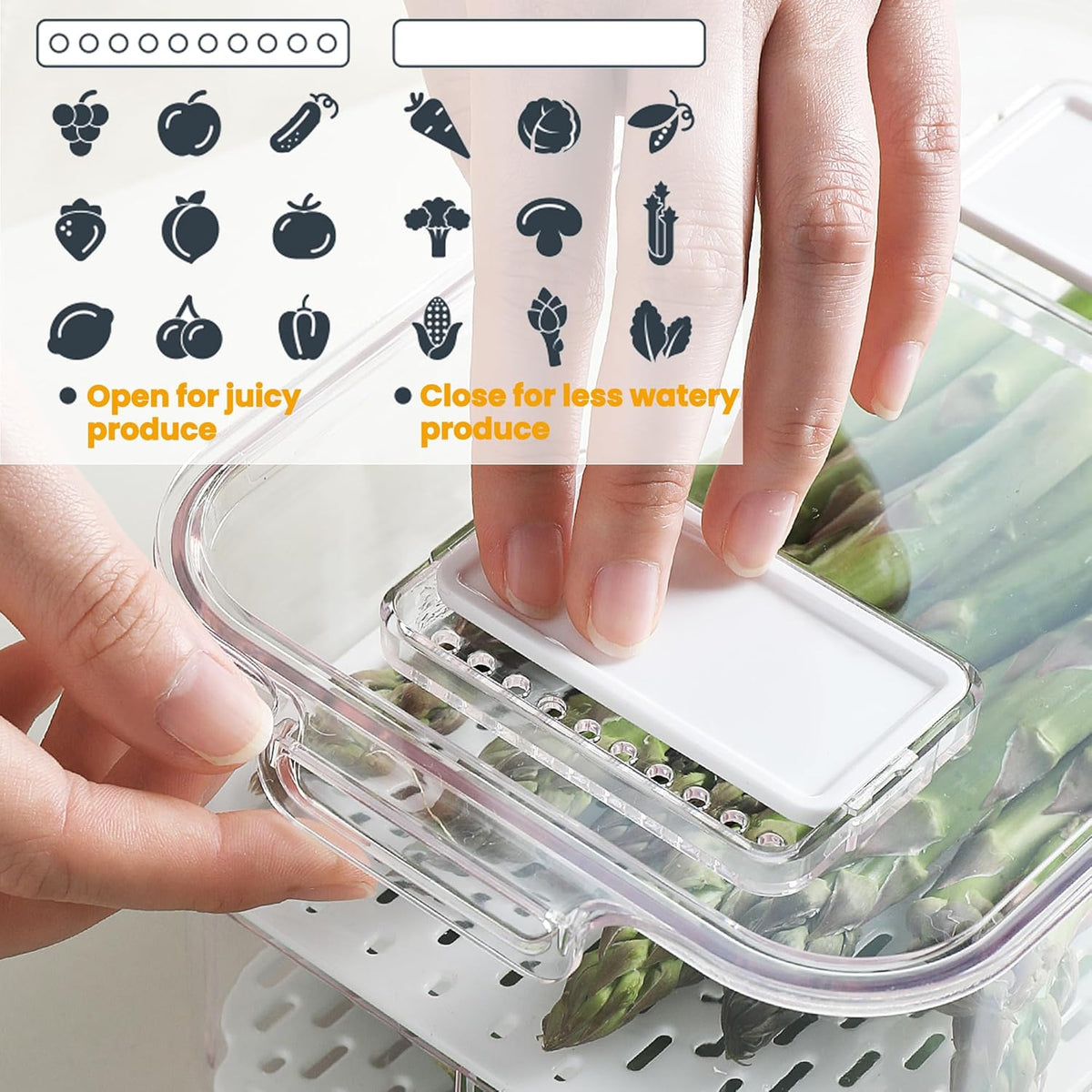 vacane Produce Saver with Folding Lids,2 Piece Fruit Vegetable Storage Container with Vents Stackable Fridge Drawers Organizer Salad Lettuce Keeper For Refrigerator,Bpa-free Fresh Keeper,5.7L&2.8L