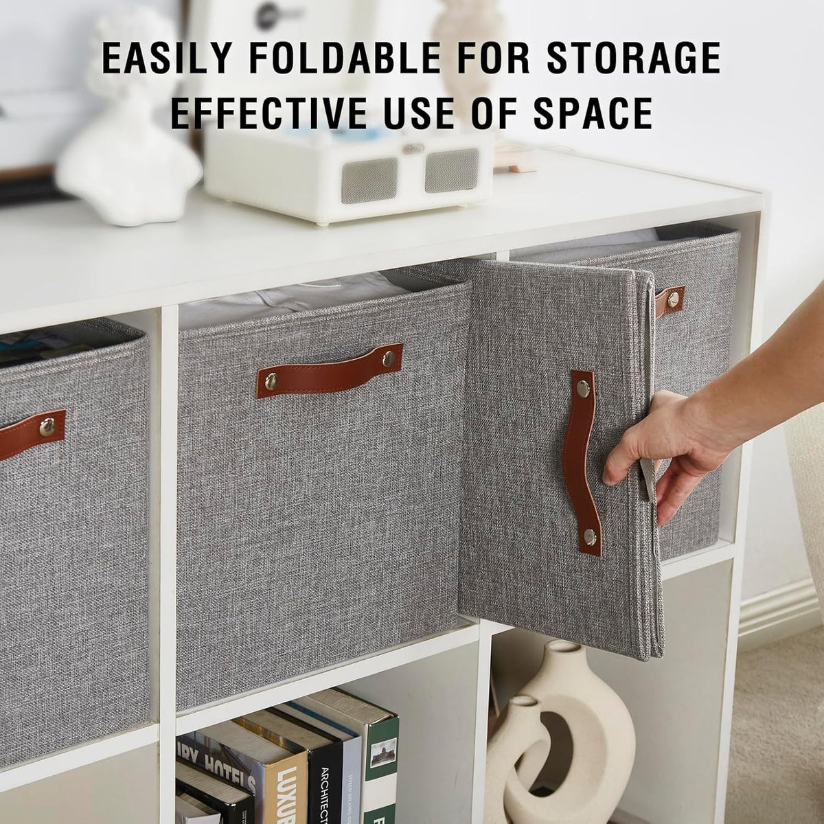 Collapsible Fabric Storage Cube Bins with 2 Reinforced PU Handles, Foldable Storage Organizer Baskets for Closet, Shelves, Living Room | 13"x13"x13", 4 Pack, Full Gray