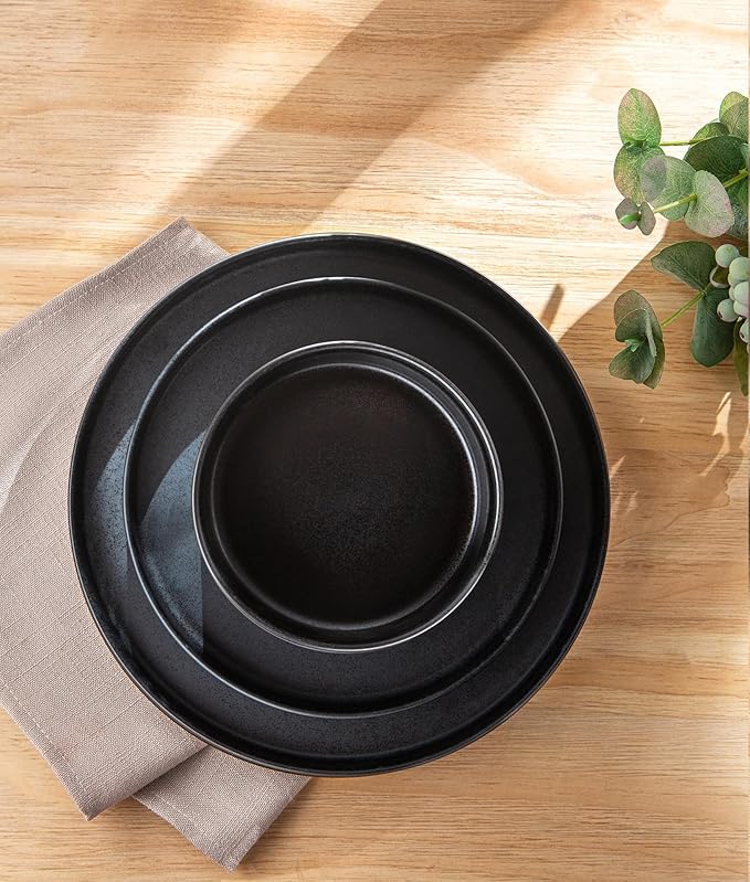 TheTerra Ceramic Dinnerware Sets for 6, 18 Pieces Handmade Reactive Glaze Plates and Bowls Set, Scratch Resistant Dish Set, Oven & Microwave & Dishwasher Safe, Matte Black