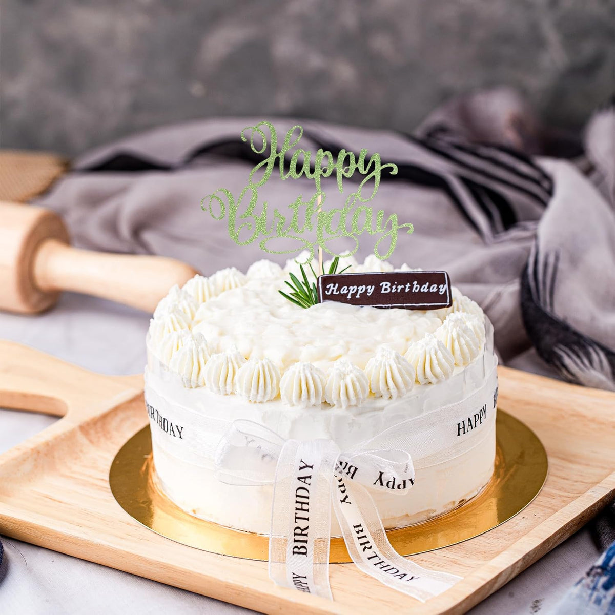 Happy Birthday Cake Toppers 9 Inch Glitter Happy Birthday Cake Pick for Birthday Anniversary Theme Party Cake Decorations Supplies - Olive Green