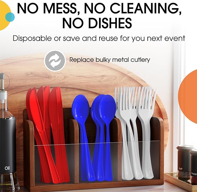 Party Solids Patriotic Plastic Silverware Heavy Duty 150 Pieces Patriotic Plastic Cutlery Sets, Utensil Sets, 50 Of Each Forks, Knives & Spoons Disposable Cutlery Set, Flatware Set For Party Supplies