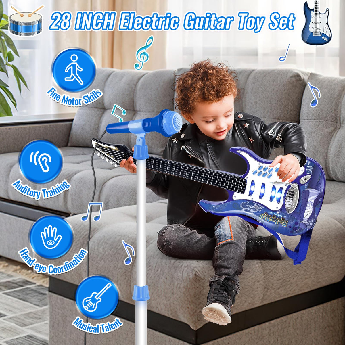 deAO Musical Guitar Play Set,Adjustable Height Microphone,Amplifier Set with Stand,Music Light Karaoke Music Toys Birthday for Kids Boys Girls