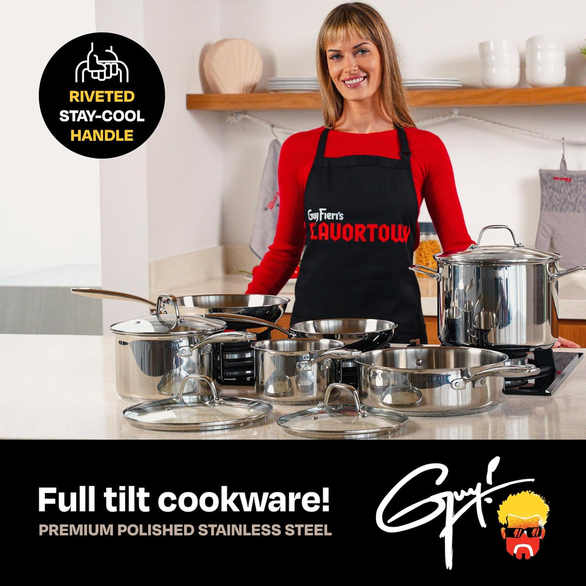 Guy Fieri's Flavortown 10-Piece Stainless Steel Cookware Set - Includes Frying Pans, Saucepans, Saute Pan and Stock Pot - Pots and Pans, Oven-Safe up to 500F