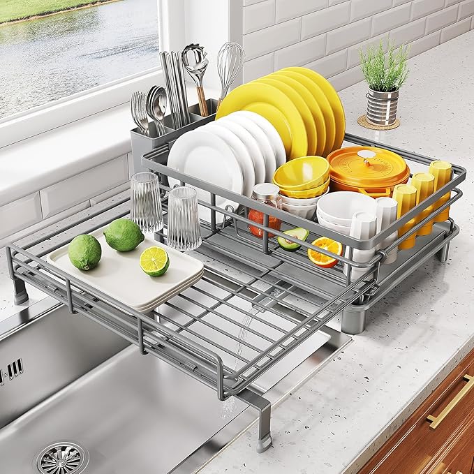 SNTD Dish Drying Rack - Extendable Dish Rack, Large Sink Drying Dish Drainer for Kitchen Counter, Stainless Steel Dish Strainer with Utensil Holder (Grey)