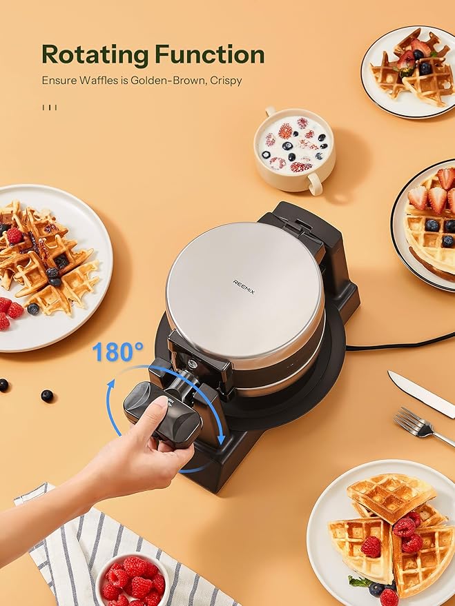 Classic Waffle Iron, Double Belgian Waffle Maker 180°Flip, 1400W Waffle Iron 8 Slices, Rotating & Nonstick Plates with Removable Drip Tray, Cool Touch Handles, Stainless Steel (8 Slices)