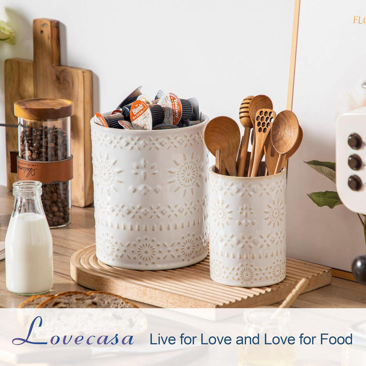 LOVECASA Utensil Holder, 7.2"+5.4" Ceramic Utensil Holder for Countertop, Large Cooking Utensil Crocks for Kitchen Counter, Farmhouse Utensil Vase for Housewarming, Kitchen Decor, Set of 2, Oasis