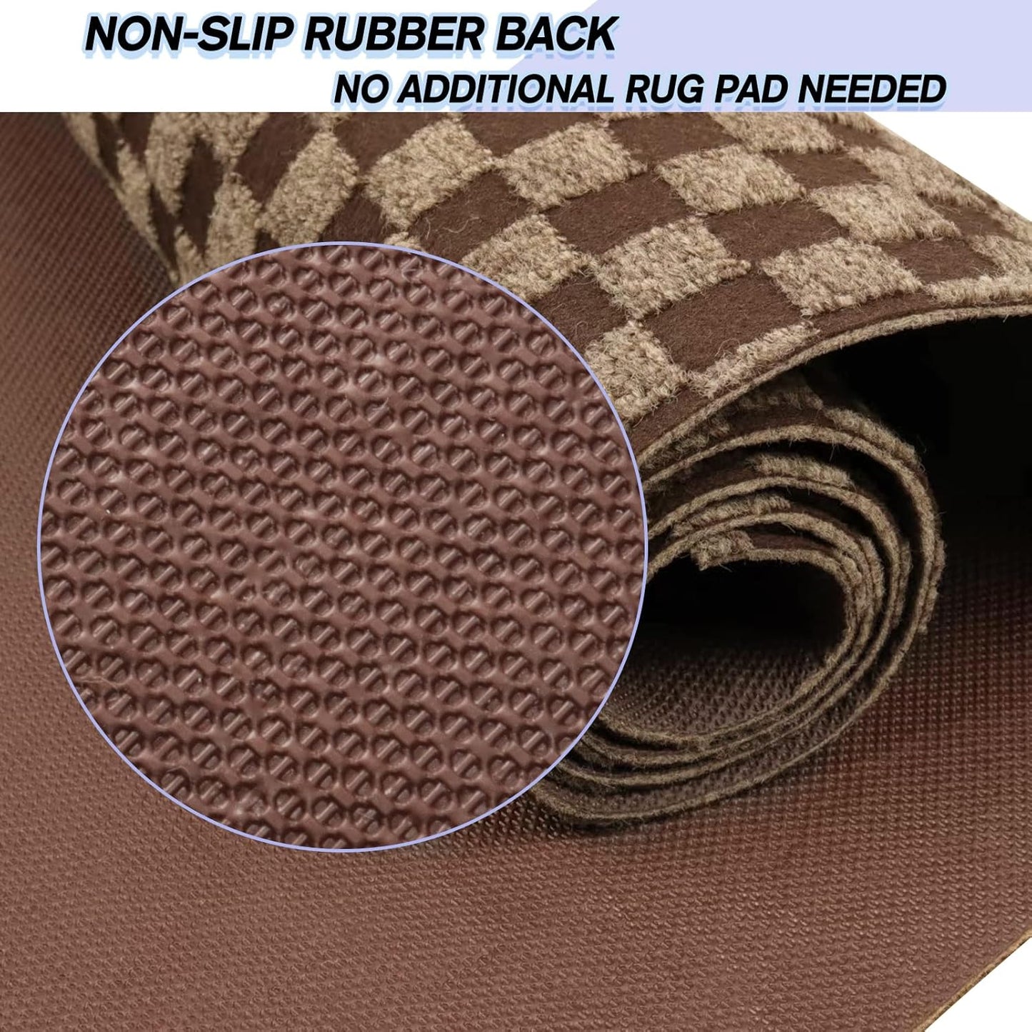Custom Size Backed Non-Slip Area Rugs Runner, Easy Clean, Waterproof Runner Rugs for Hallway Entryway, Kitchen, Laundry, 3FT x 53FT, Brown Checkered