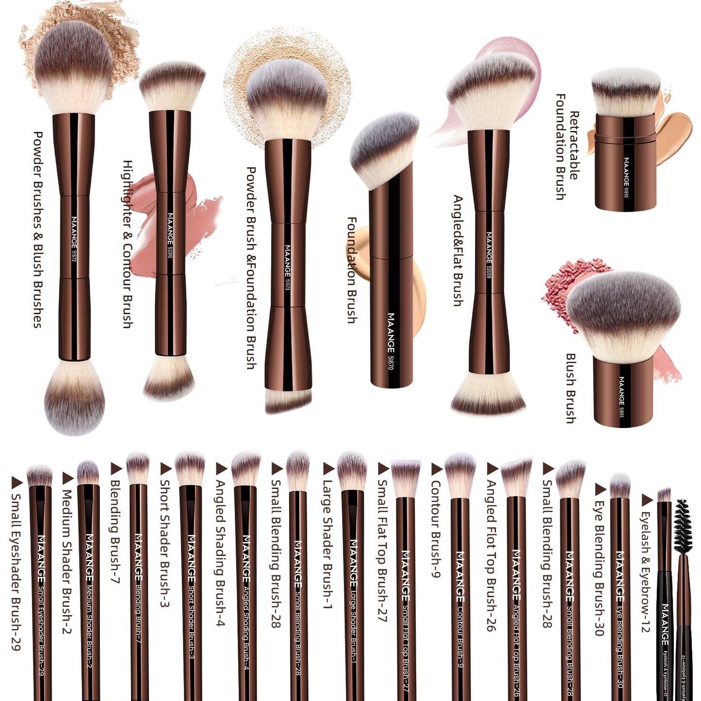MAANGE 20 Pcs Makeup Brushes with Gift Box, Double-End Multi-functional Makeup Brushes for Blending Liquid Powder Concealer Cream Blush Buffe,CoffeeBrown