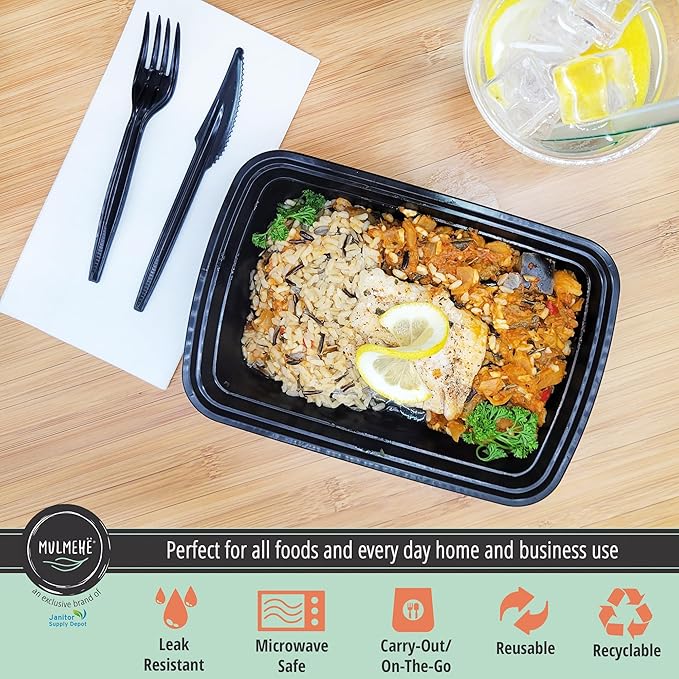 MULMEHË Plastic Food Storage Take-Out Container and Lid Combo, 38 oz, Microwaveable, Rectangular, Black, 8.5x6x2, Set of 150