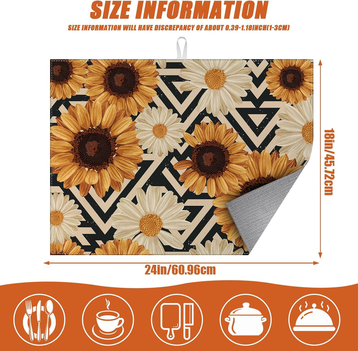 Vintage Sunflower Daisy Dish Drying Mat for Kitchen Counter Microfiber Absorbent Dish Kitchen Drying Mat Draining Reusable Washable for Dishes/Utensils/Counterto