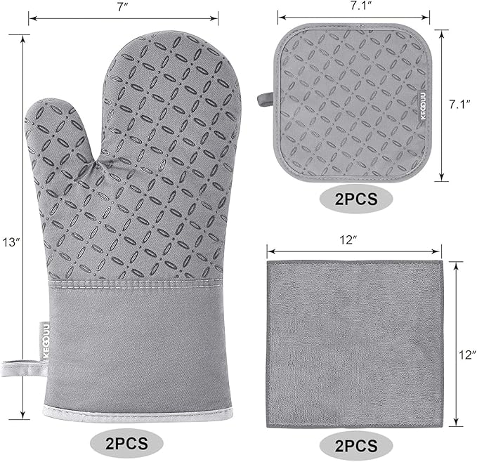 KEGOUU Oven Mitts and Pot Holders 6pcs Set, Kitchen Oven Glove High Heat Resistant 500 Degree Extra Long Oven Mitts and Potholder with Non-Slip Silicone Surface for Cooking (Light Gary)
