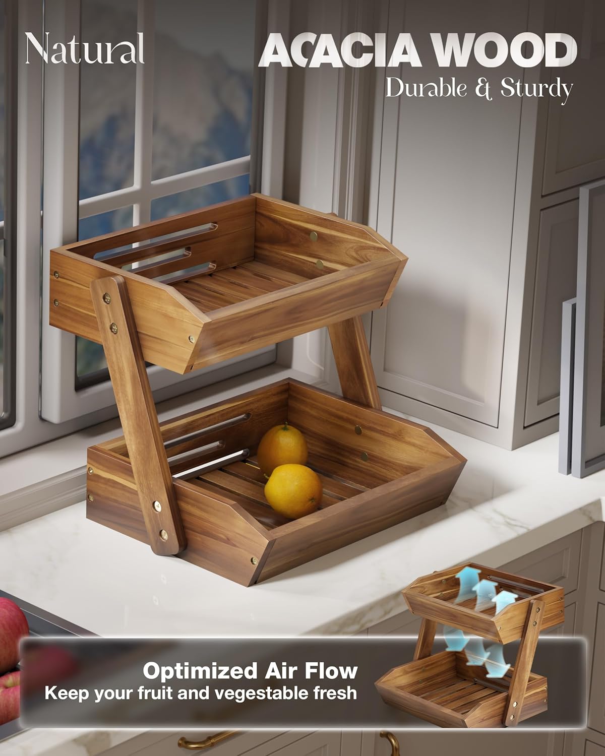 Fruit Basket, Fruit Bowl, 2 Tier Fruit Basket for Kitchen Counter, Produce Stand Storage Holder, Heavy Duty/Multipurpose/Large Capacity for Onion Potato, Vegetables, Spice Jars, Bread Storage