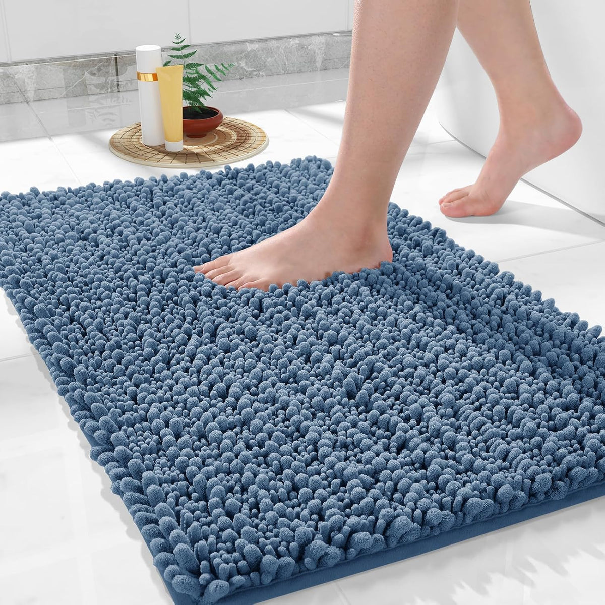 Yimobra Bathroom Rugs Non Slip Washable 32x20 Inch - Ultra Soft Absorbent Chenille Bath Mat, Quick Dry Shaggy Floor Carpet for Tub Shower, Denim Blue Home Decor Accessories