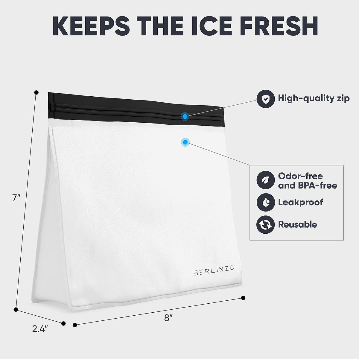 BERLINZO Reusable Ice Storage Bag - Freezer Safe Leak Proof Silicone and Plastic-Free Lunch Bag for Ice and Food Storage - BPA-Free - 2 Pack