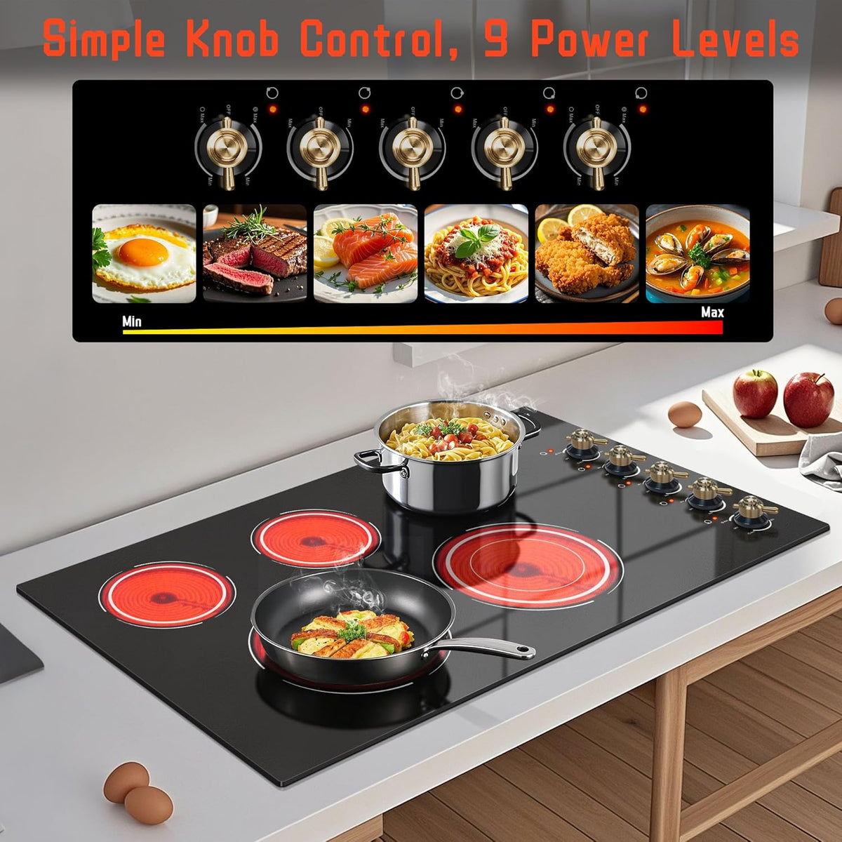 Electric Cooktop 36 Inch - 5 Burner Electric Stove Top with 8400W, 36 Inches Built-in Ceramic Stove with Two Dual Rings, Overheat Indicator, Knob Control, 220V - 240V Hard Wired (No Plug)
