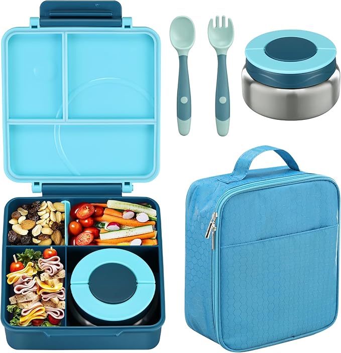 Bento Lunch Box Set for Kids with 8oz Soup Thermo, Leak-Proof Lunch Containers with 4 Compartment, Kids Thermo Hot Food Jar and Insulated Lunch Bag for Kid to School-Blue
