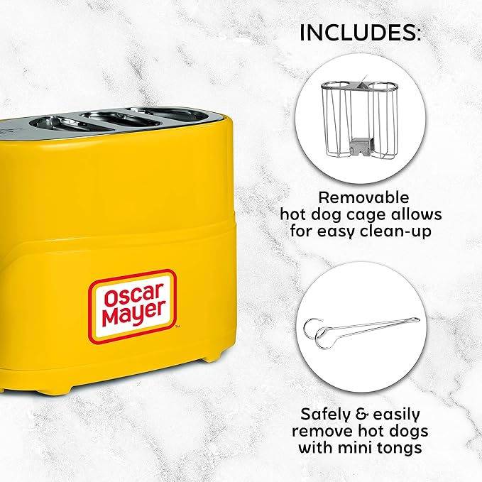 Oscar Mayer 2 Slot Hot Dog and Bun Toaster with Mini Tongs, Hot Dog Toaster Works with Chicken, Turkey, Veggie Links, Sausages and Brats, Yellow