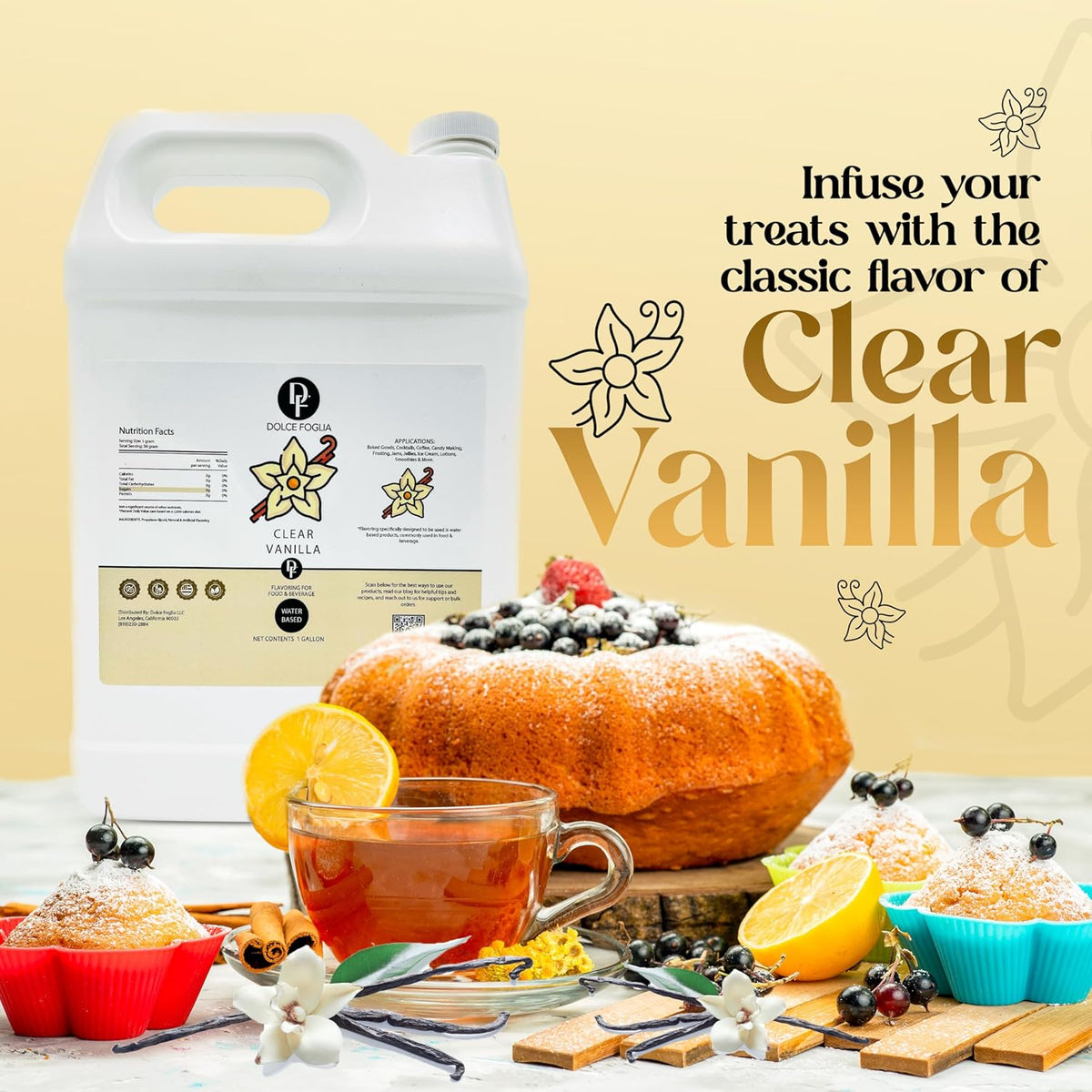 Dolce Flav Clear Double Strength Imitation Vanilla Extract - 1 Gallon - Gluten-Free, Keto-Friendly & Sugar-Free Vanilla Flavoring with Natural and Artificial Vanilla Flavor