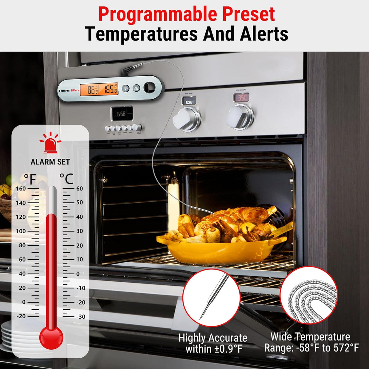 ThermoPro TP610 Digital Meat Thermometer for Cooking, Rechargeable Instant Read Food Thermometer with Rotating LCD Screen, Waterproof Cooking Thermometer with Alarm for Grilling, Smoker, BBQ, Oven