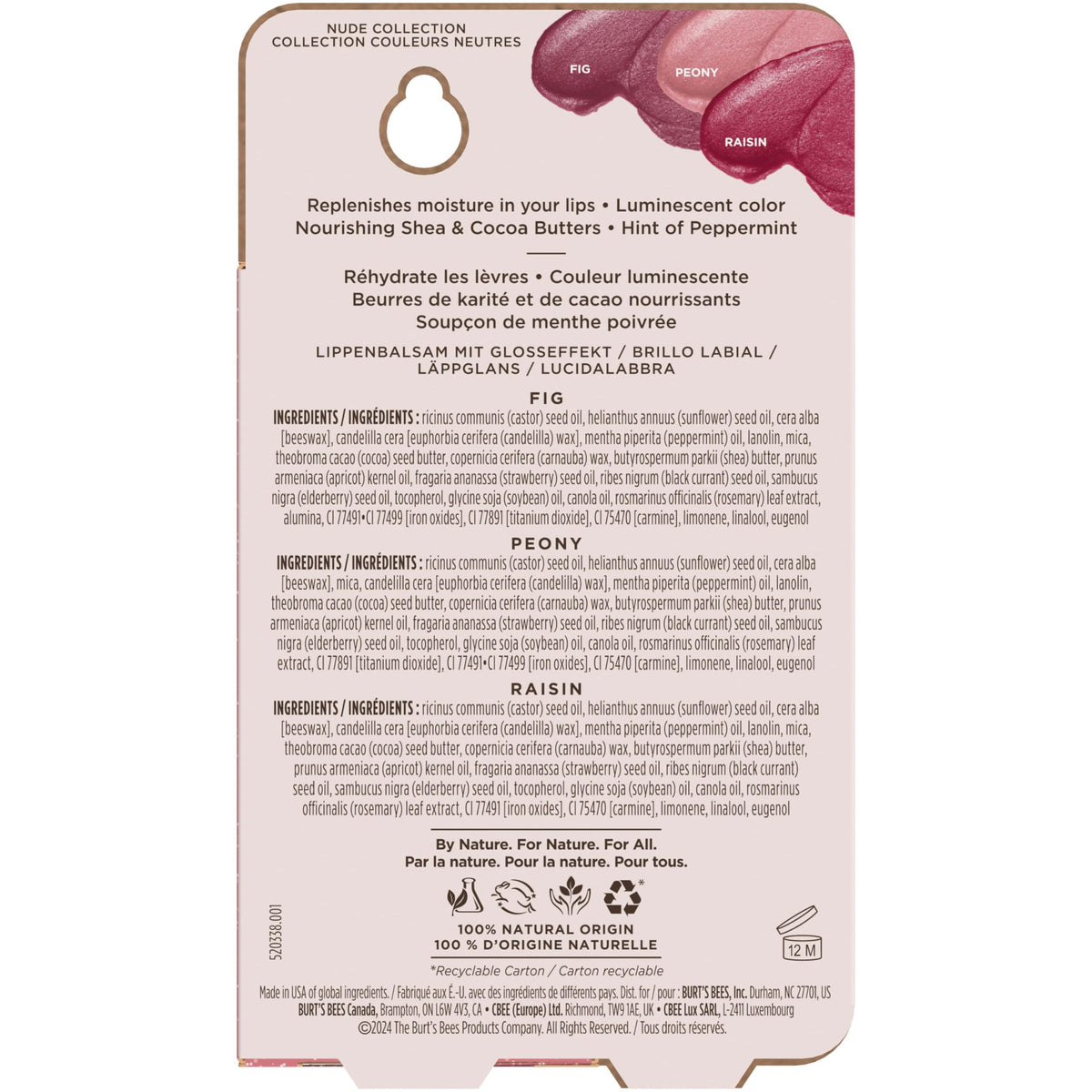 Burt's Bees Lip Shimmer Nude Collection, Tinted Lip Balm, 0.09 oz., 3 Tubes