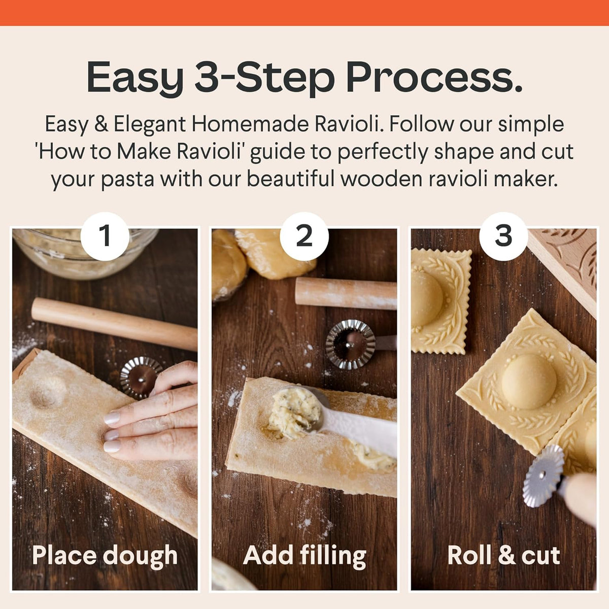 Cooking Gift Set Co. Artisanal Ravioli Maker Press, Wooden Ravioli Mold & Pasta Maker, Ravioli Press, Pasta Cutter Wheel, Ravioli Maker Tool, Guide Pasta Making Tools Set for Homemade Pasta (3 Piece)