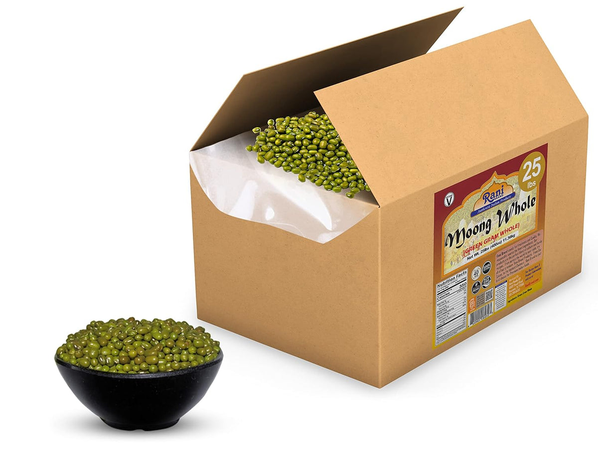 Rani Moong Whole (Ideal for cooking & sprouting, Whole Mung Beans with skin) Lentils Indian 400oz (25lbs) 11.36kg Bulk Box ~ All Natural | Gluten Friendly | Non-GMO | Kosher | Vegan | Indian Origin