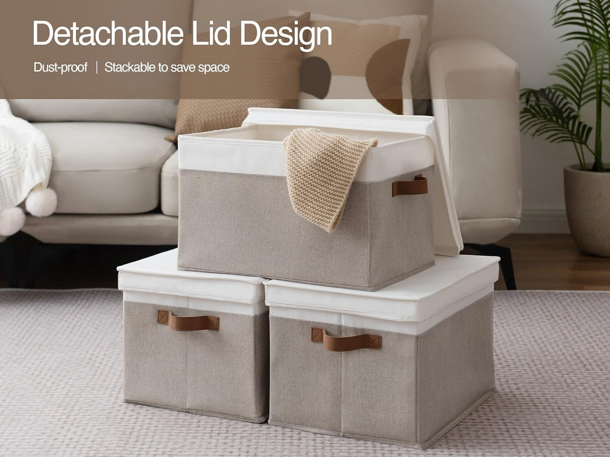 StorageWorks Storage Bins with Lids, Decorative Storage Boxes with Lid and PU Handles, Foldable Storage Baskets for Closet, Shelves, Stackable, Brown and White, Jumbo, 3-Pack