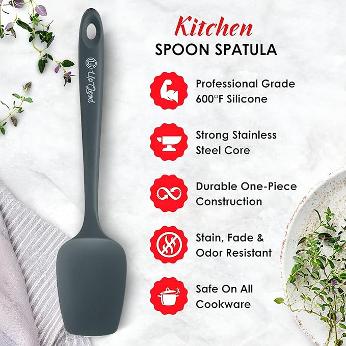 Silicone Spoon Spatula - 600ºF Heat-Resistant Non-Stick Rubber Spoonula | Use as Silicone Kitchen Scraper Utensil - Baking and Cooking Strong Stainless Steel Core | UpGood Kitchen Utensils, (Grey)