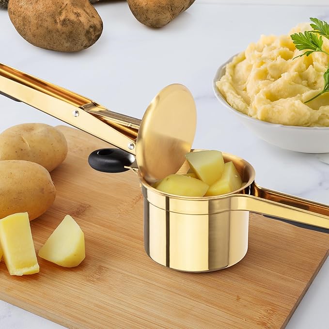 Zulay Kitchen Large 15oz Potato Ricer, Heavy Duty Stainless Steel Potato Masher and Ricer for Mashed Potatoes, Mashed Potato Masher & Potato Press Gadget for Perfect Mashed Potatoes - Gold/Black