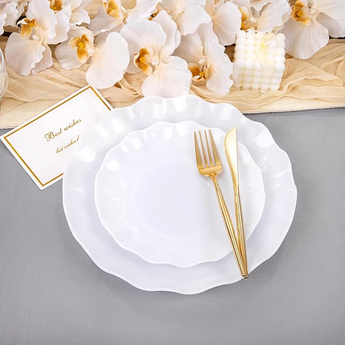 LIYH 24 Pcs White Plastic Plates Reusable - Unbreakable Party Plates, Microwave & Dishwasher Safe Camping Plate Sets Perfect for Parties, Birthday, Picnics, BPA Free (12Guests)