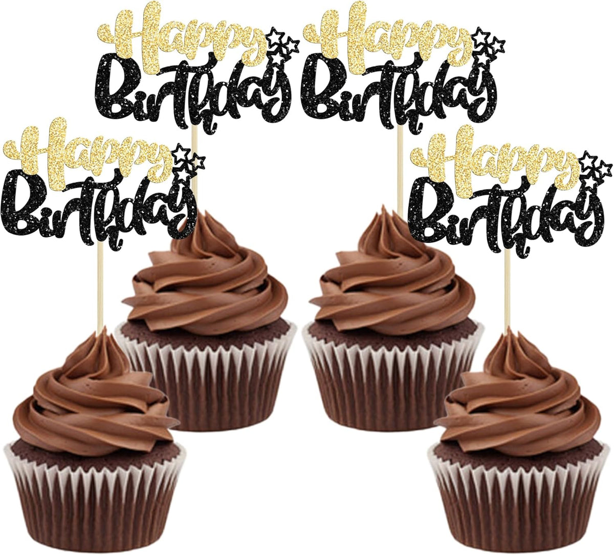 Ephlyn 24Pcs Happy Birthday Cupcake Toppers Double Layer Glitter Happy Birthday Cake Decorations for Celebrating Baby Shower Theme Kids Boys Girls Birthday Party Cake Decorations Supplies Black Gold