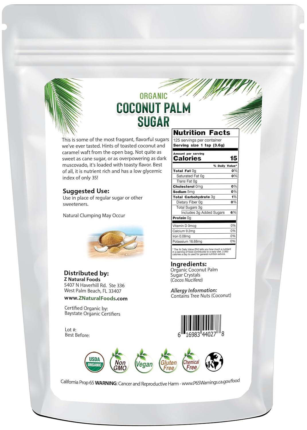 Z Natural Foods Organic Coconut Sugar - Nutrient-Dense, Flavorful & Unrefined Brown Coconut Sugar - Perfect for Tea, Coffee, Oatmeal, Deserts & Baking, Non-GMO, Vegan, Gluten-Free, 1 lb