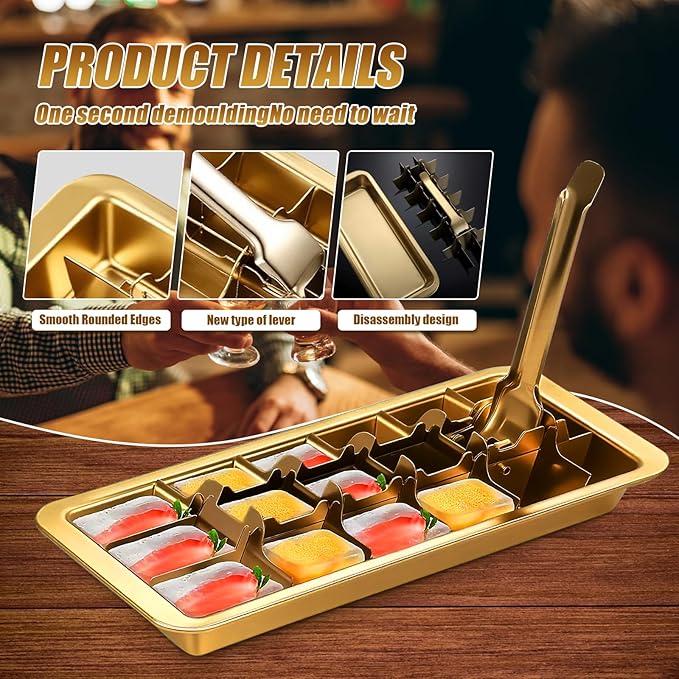 Professional Ice Cube Tray Gold-color, 18-Slot Stainless Steel, Heavy Duty Metal Freezer Mold with Lever Release, Bar & Kitchen Use, Send Goods from Local Warehouse