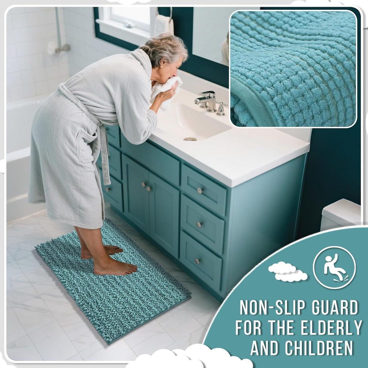 Yimobra Bathroom Rugs Non Slip Washable 24x17 Inch - Ultra Soft Absorbent Chenille Bath Mat, Quick Dry Shaggy Floor Carpet for Tub Shower, Teal Blue Home Decor Accessories