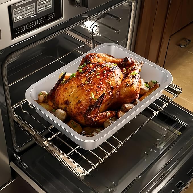 Roasting Pan Heavy Duty Stainless steel Turkey Pans for Oven,Toaster Oven Tray Pans with cooling rack,Hotel Pan, Barbeque Grill Pan,Deep Edge,Mirror treatment, Dishwasher Safe (10.4"x7.7"x2.8")