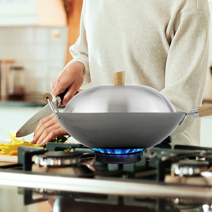 Helen's Asian Kitchen Wok Set - Wok Pan with Lid, 13.5 Inch Carbon Steel Wok - Nonstick Flat Bottom Wok for Stir Fry - Includes 4pc Accessories - Perfect for Gas, Electric, Induction Stovetops