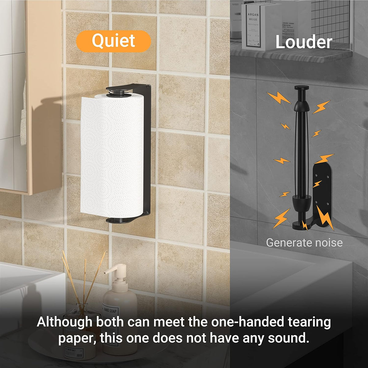 Paper Towel Holder Under Cabinet, Wall Mount, One-Handed Tear, Stainless Steel, Black, Paper Roll Holder with Kitchen Bathroom Farmhouse Essentials Decor Accessories