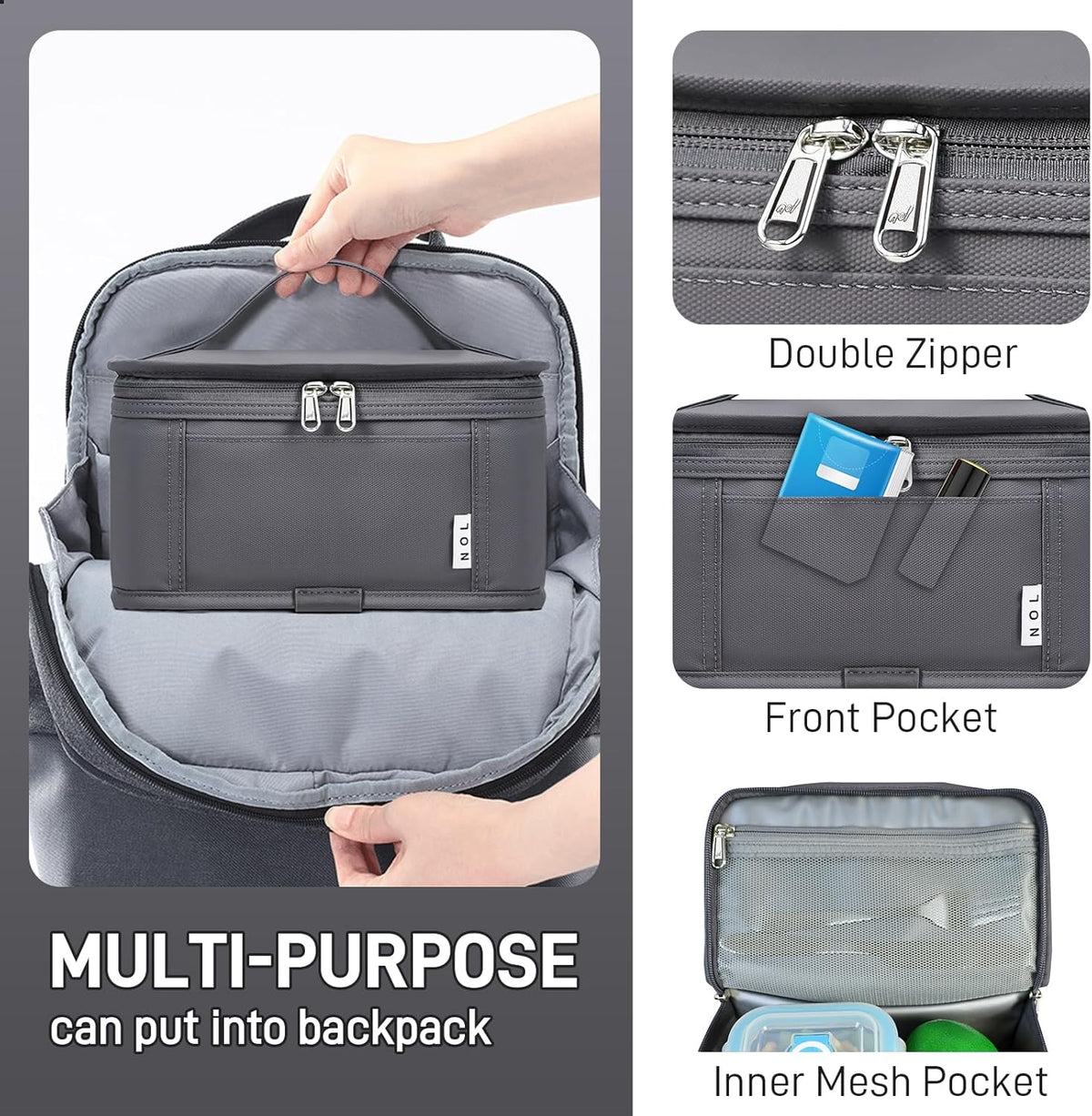 NOL Natural Organic Lifestyle Small Lunch Bag Mini Lunch Box Insulated Lunch Bag for Men/Women Leakproof Cooler Tote Bag Lightweight Nylon Waterproof Lunch Box For Work, Dark gray